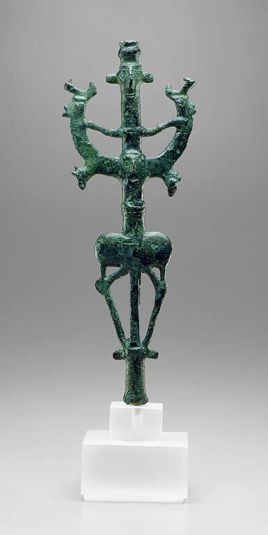 Standard with Janeiform human figure, monsters, and cock's head