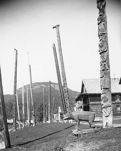 Tsimshian totem poles, Kispiox, British Columbia, 1930. Photo by Asahel Curtis.