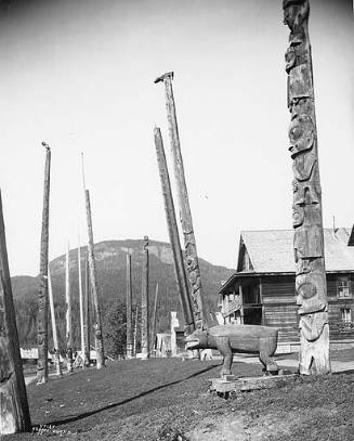 Tsimshian totem poles, Kispiox, British Columbia, 1930. Photo by Asahel Curtis.