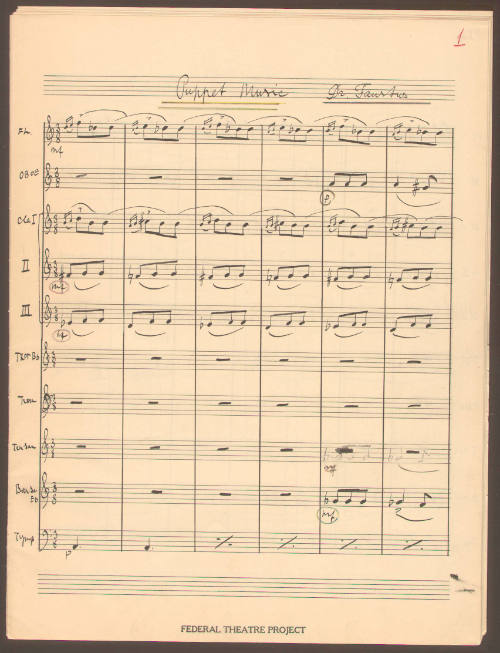 Page 1, Conductor Score, Puppet Music. Composed by Paul Bowles for Federal Theater Project prod…